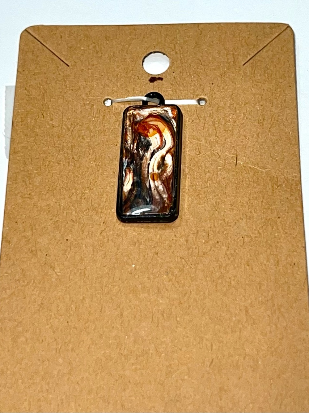 Abstract Brown / Cream Swirl Rectangular Poured Paint Pendant NEW